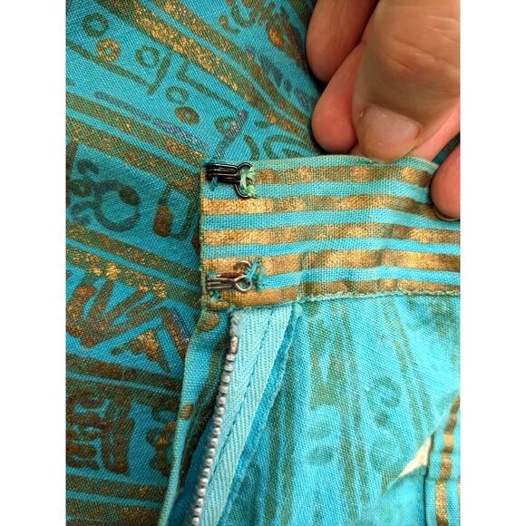 1950s MAYA de MEXICO Mayan Hieroglyph Hand Painted Aqua/Gold Circle Skirt sz. XS - Picture 14 of 14